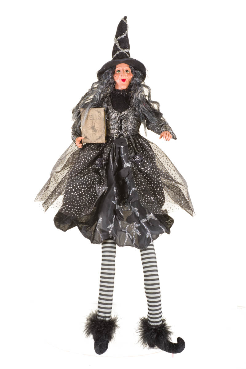 26" Sitting Sparkly Black Fabric Witch Figure with Spellbook