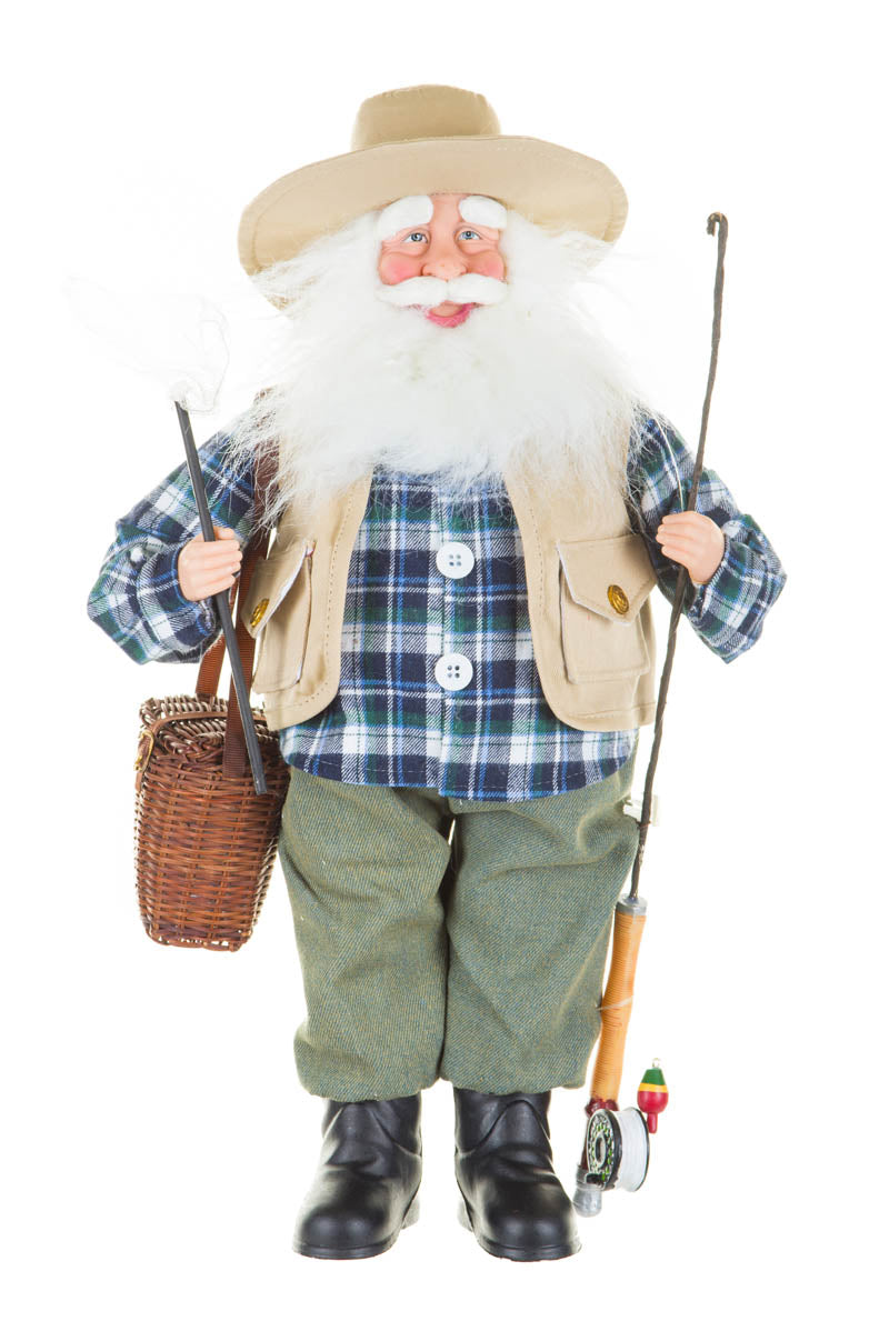 18" Plaid Azure Fabric Angler Santa Figurine with Rod and Net