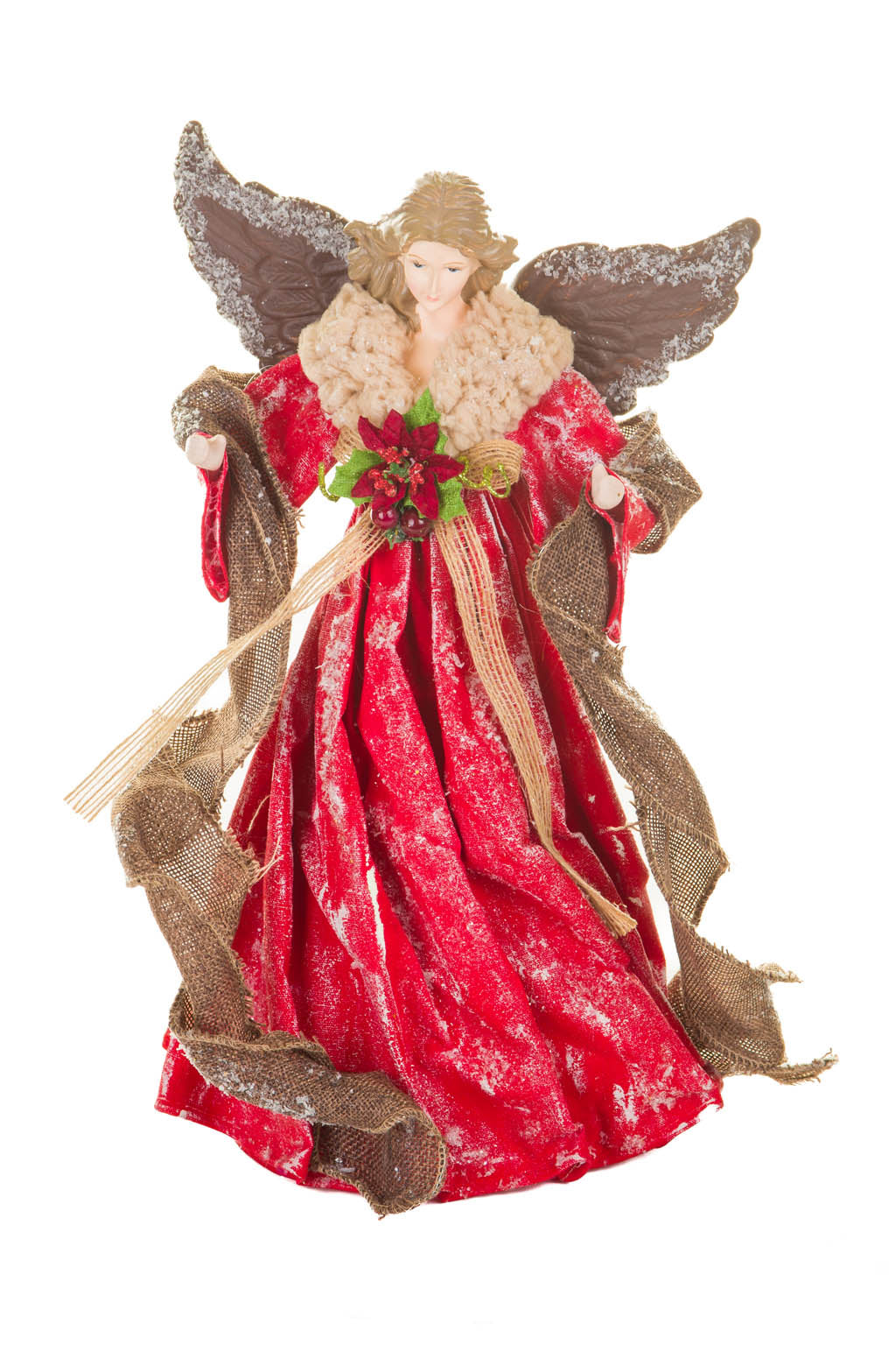15" Red and Brown Polyester Ornate Warm White LED Angel Tree Topper with Snowflakes