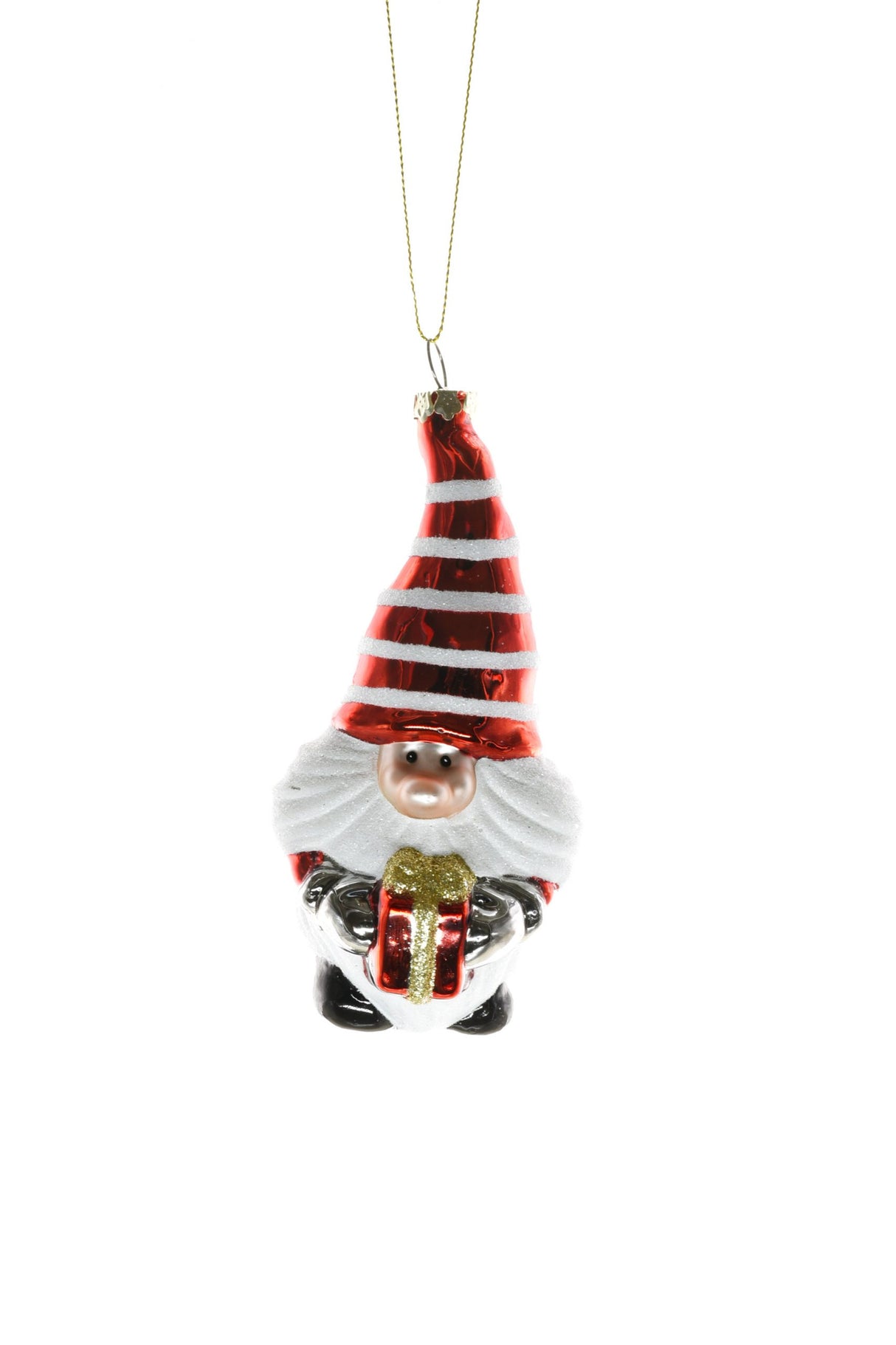 4.75" Hanging Red and White Glass Christmas Gnome Ornament with Red Present