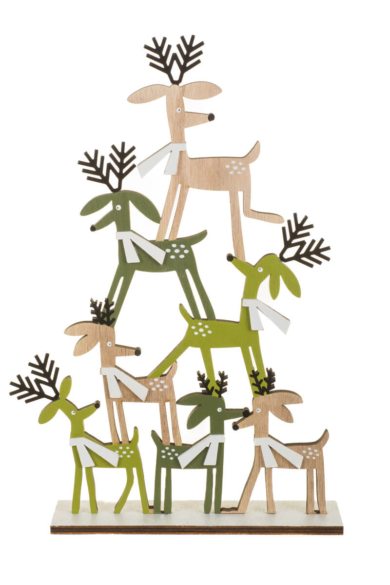 14" Off-White and Green Wooden Deer Pyramid Accent