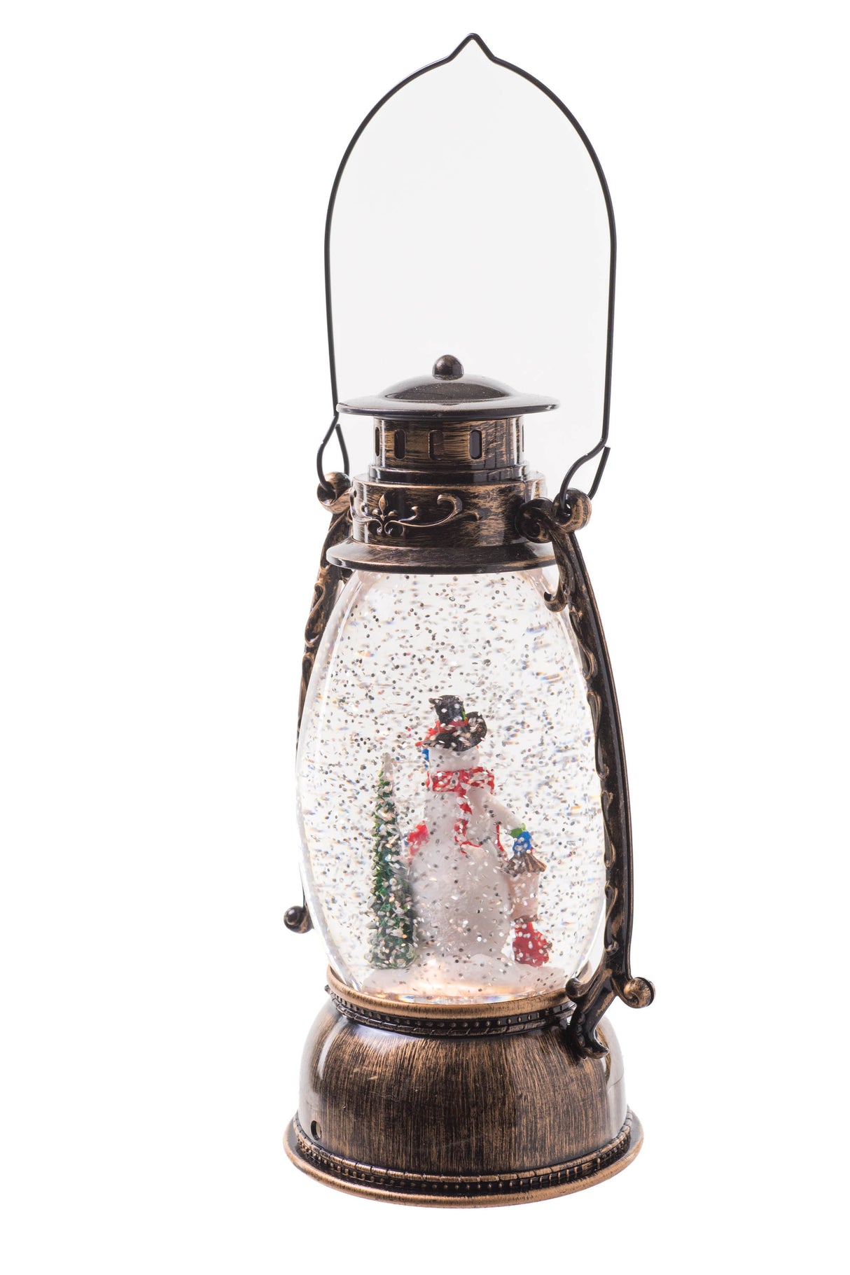 9.5" Slim Brown Plastic Oil Lantern LED Snow Globe with Snowman Family
