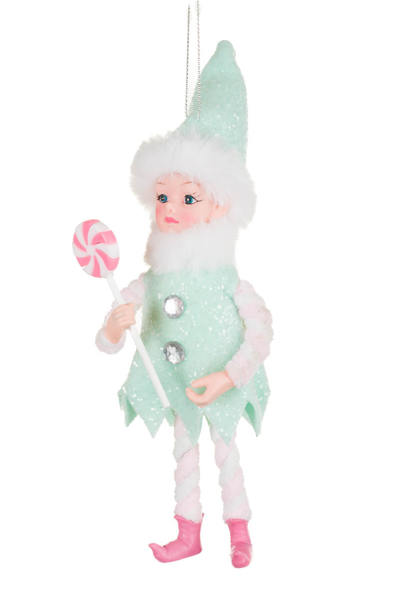 9" Sea Green and White Fabric Elf Ornament with Lolly