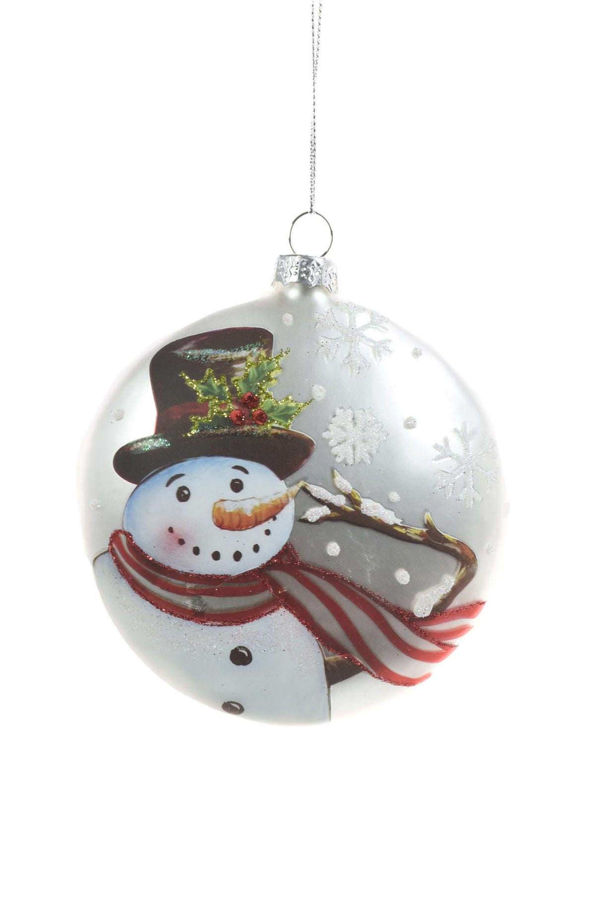 4" Flat Hanging Silver Glass Ball Ornament with Jolly Snowman