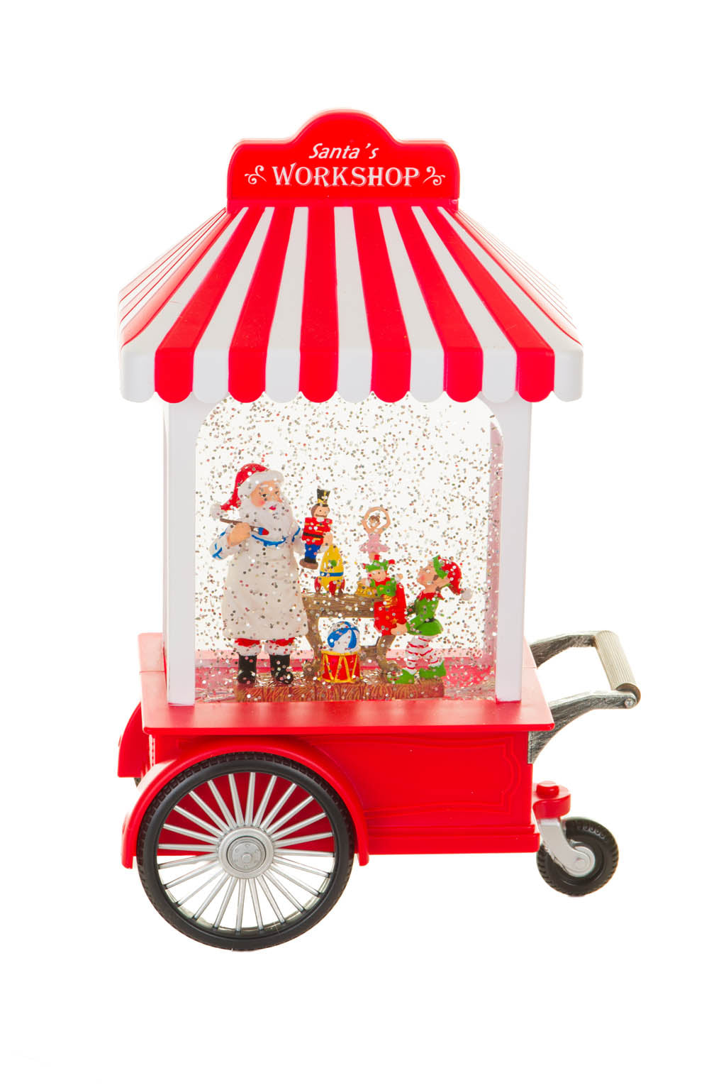 27" Candycane Red and White Plastic Santa's Workshop Cart Warm White LED Snow Globe with Toymakers