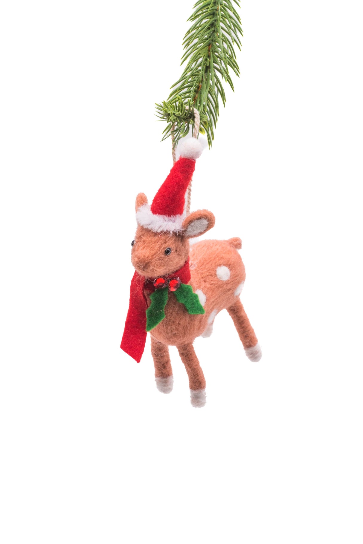 6" Hanging Brown Polylon Doe Ornament with Christmas Cap