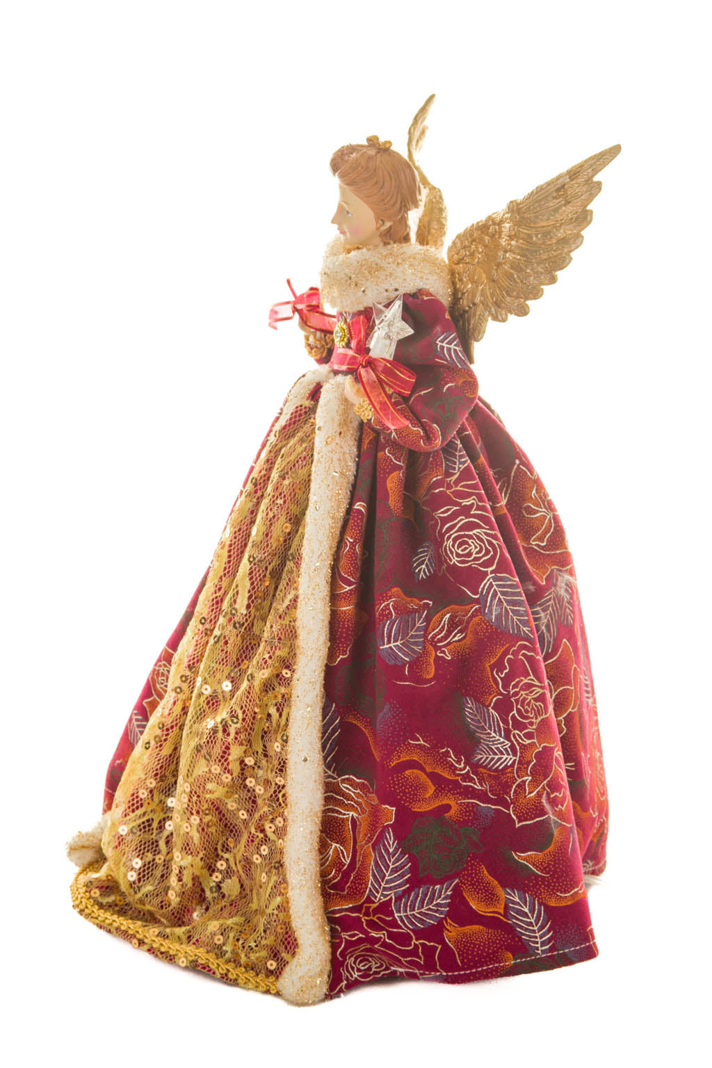 15" Floral Burgundy and Gold Cotton Monarchical Warm White LED Angel Tree Topper