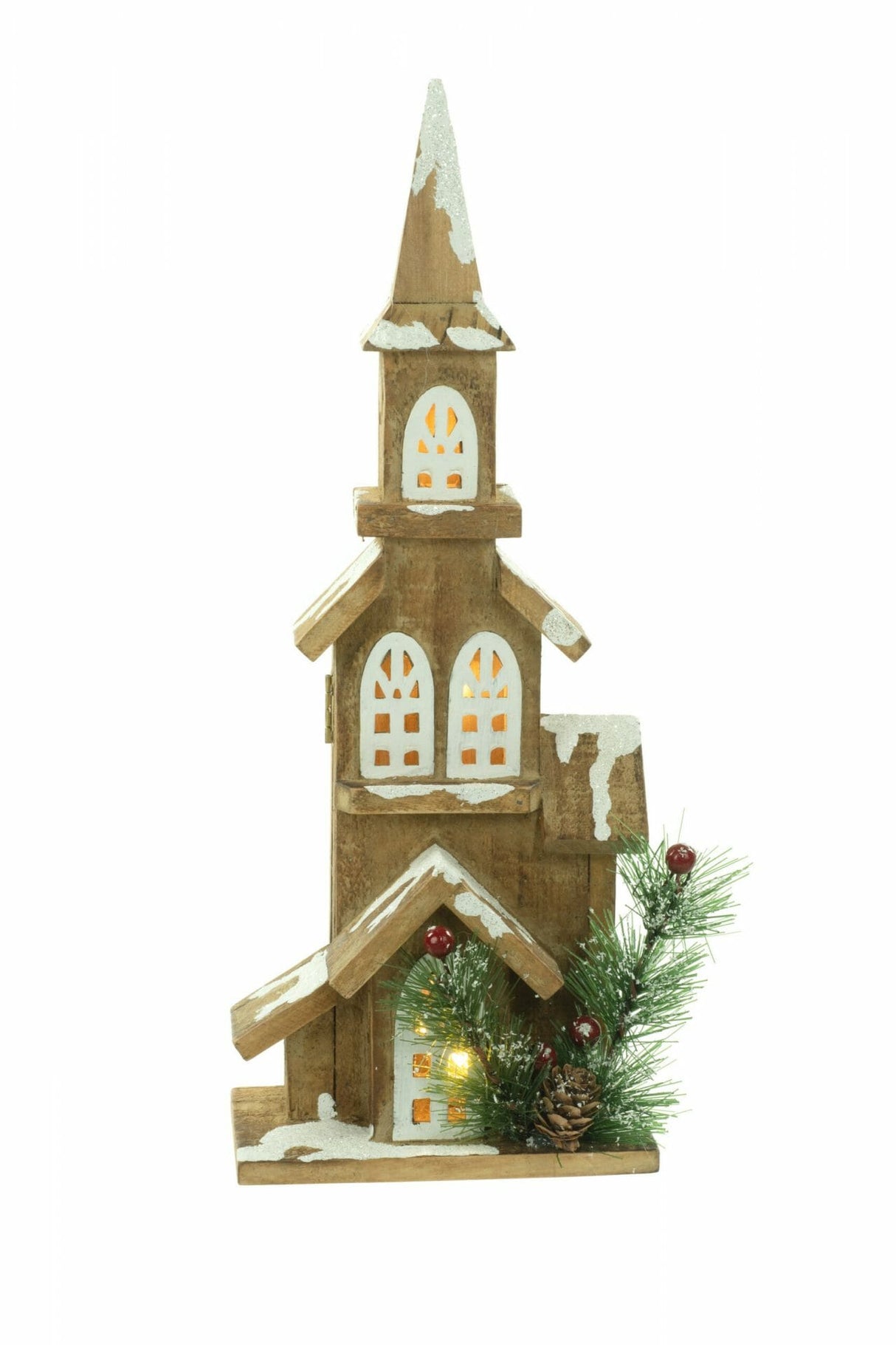 14" Cream Wood Snow-Covered Church Illuminated Display