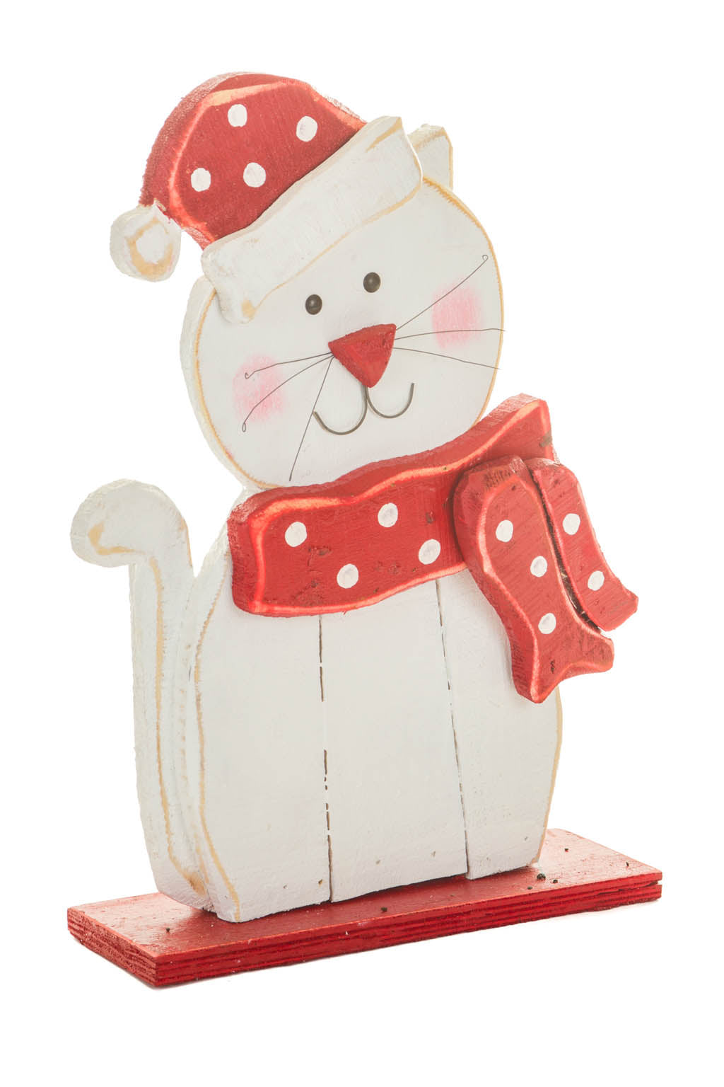 19.75" White and Red Wooden Kitty Standee Dressed For Winter