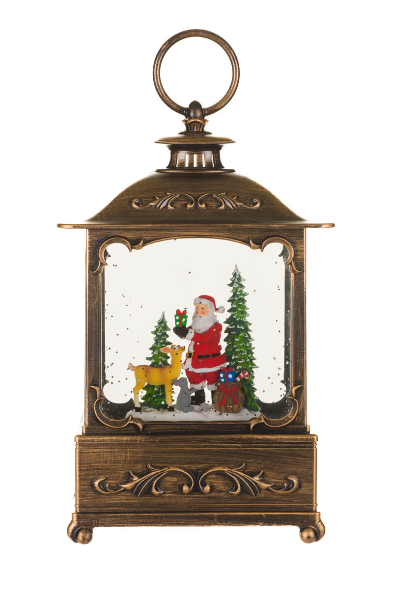 9.25" Musical Bronze Plastic Lantern Warm White LED Snow Globe with Santa & Forest Animals