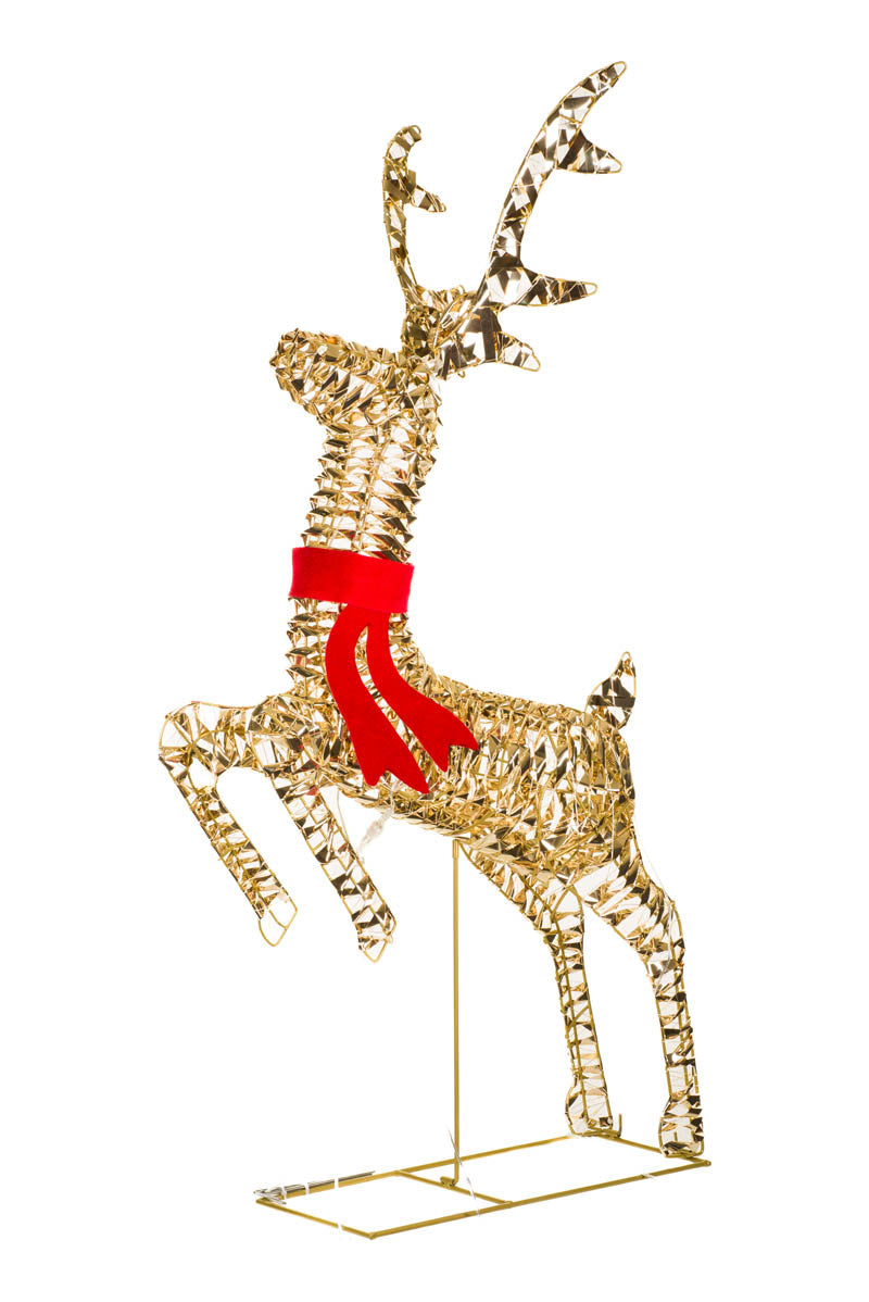 44" Medium Gold Metal Ribbon Prancing Reindeer Warm White LED Display