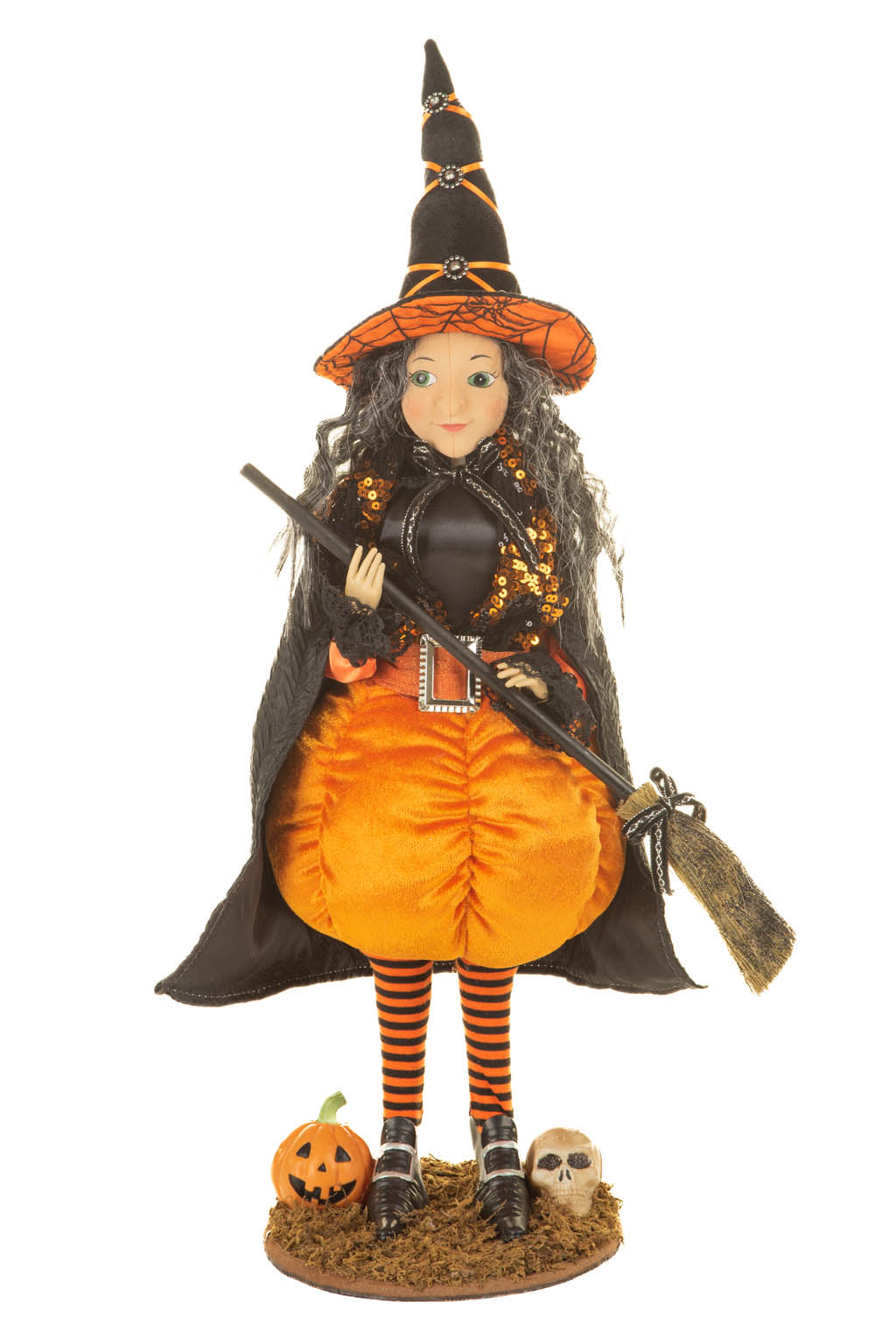 20" Sequin Black and Orange Polyester Pumpkin Witch Figure