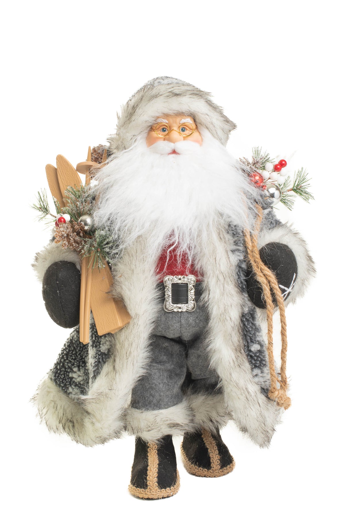 19" Gray and White Furry Nordic Santa Figurine with Skis