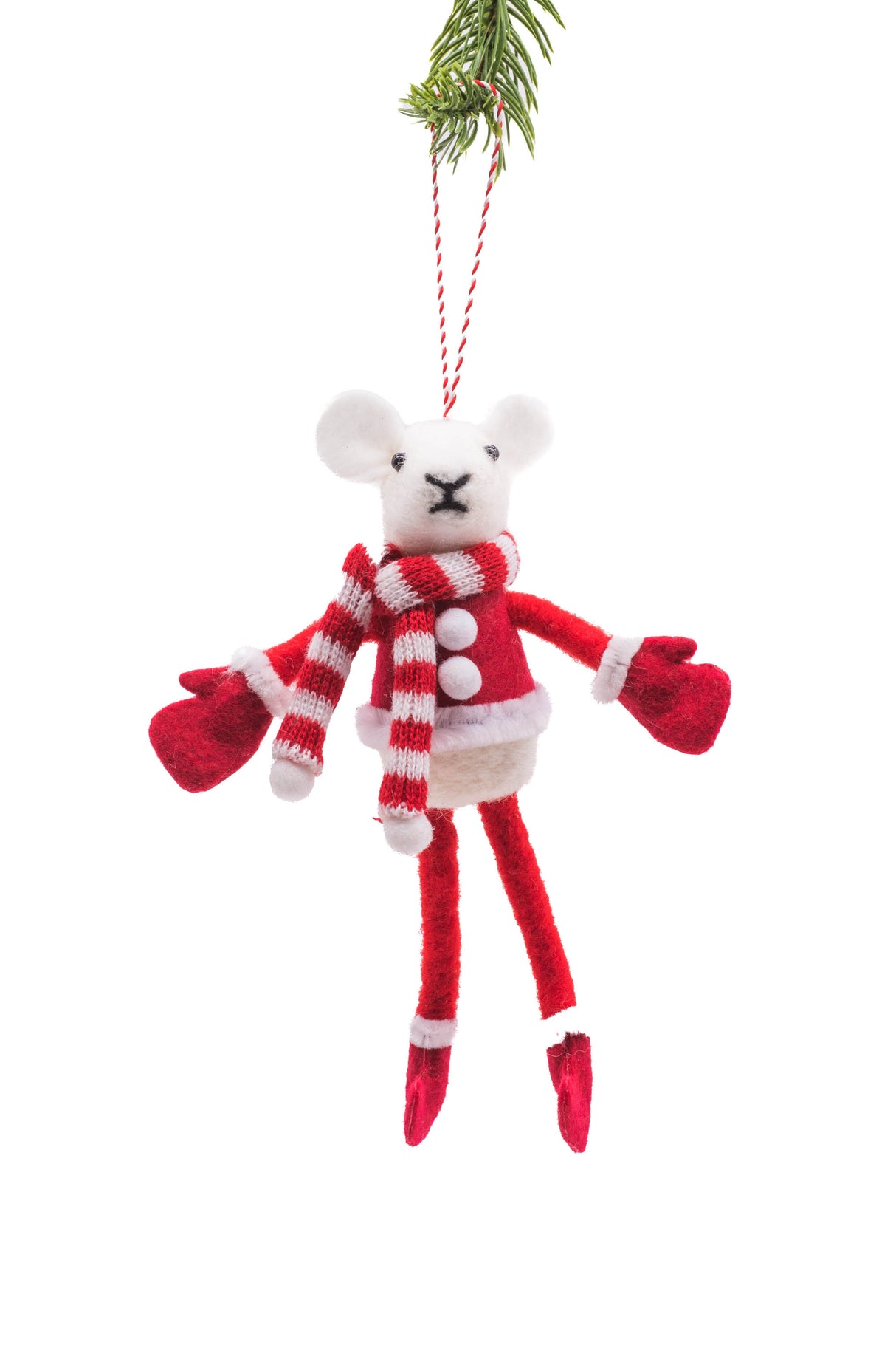 7.5" Hanging Plaid White and Red Polylon Posable Mouse Ornament with Striped Scarf