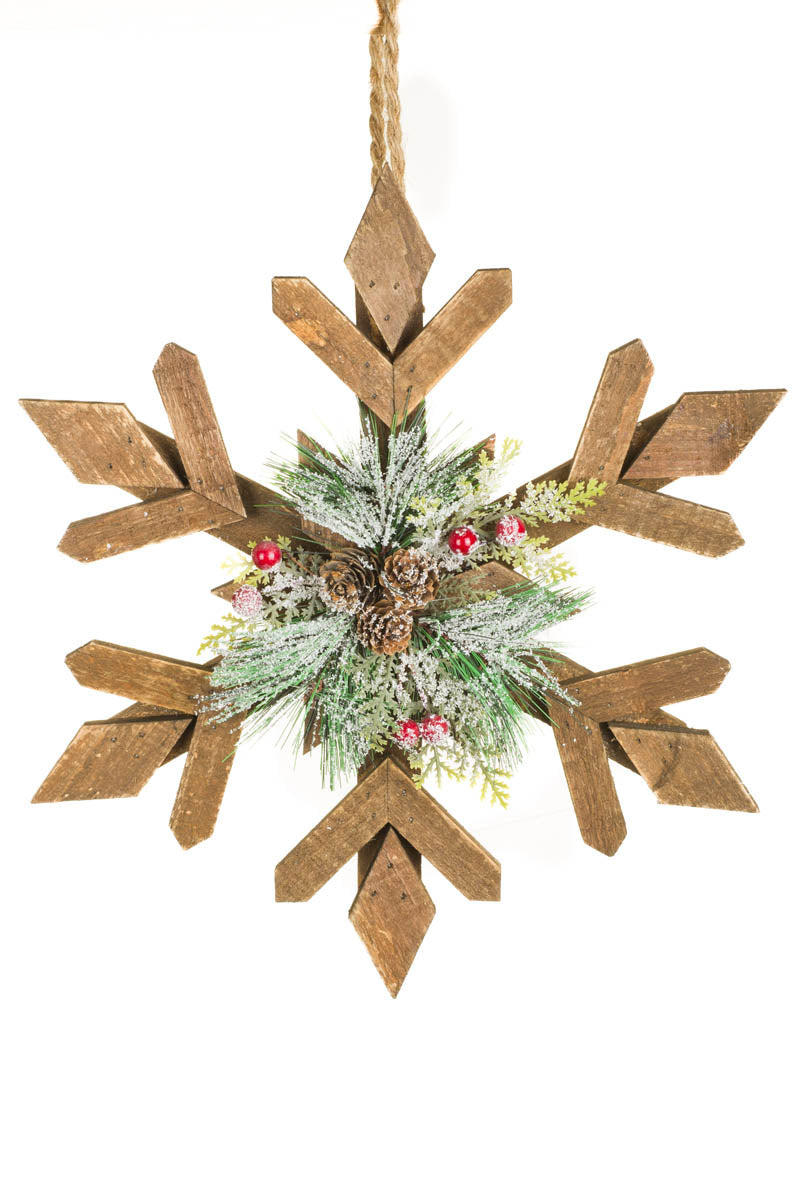 14.25" Brown and Green Wooden Rustic Snowflake Hanging Accent