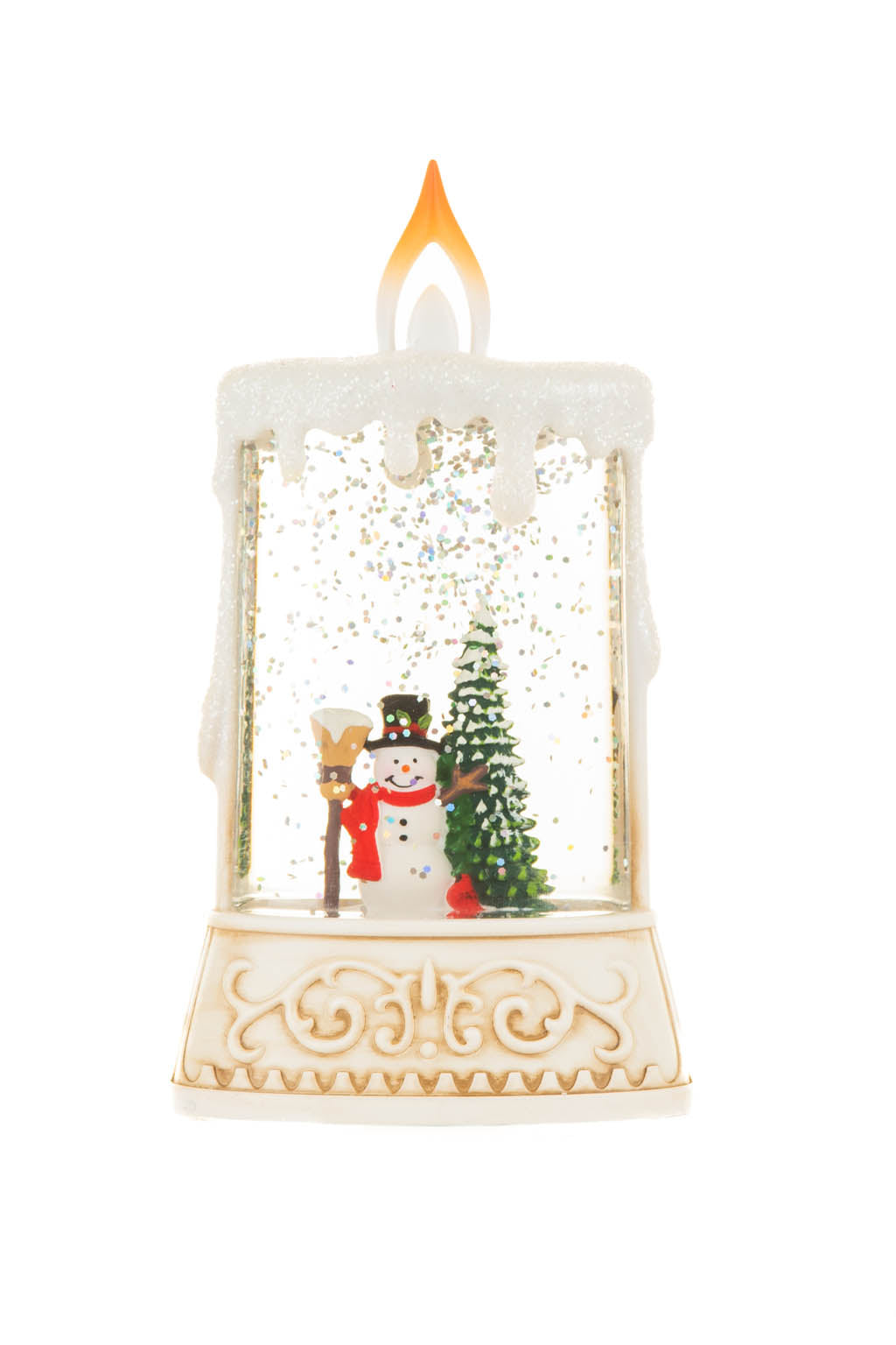14.5" Beige and White Plastic Candle Warm White LED Snow Globe with Snowman