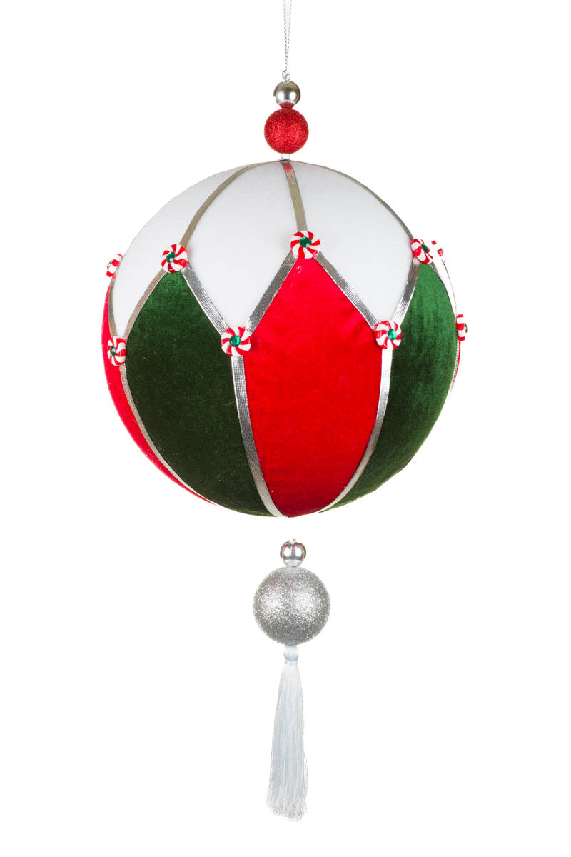 23" White and Red Fabric Ball Ornament with Tassel