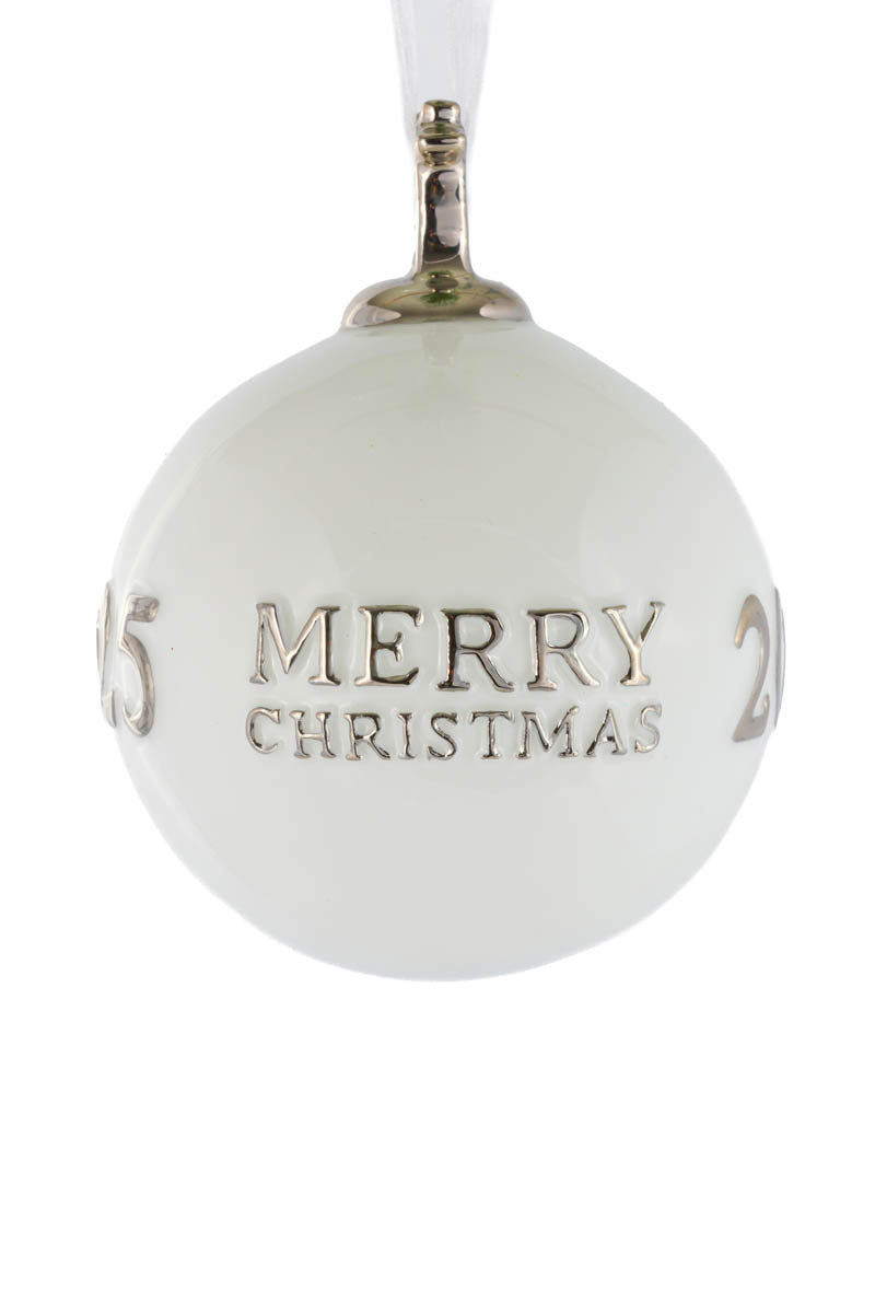 4.25" White and Platinum Porcelain "Merry Christmas 2025" Ornament
