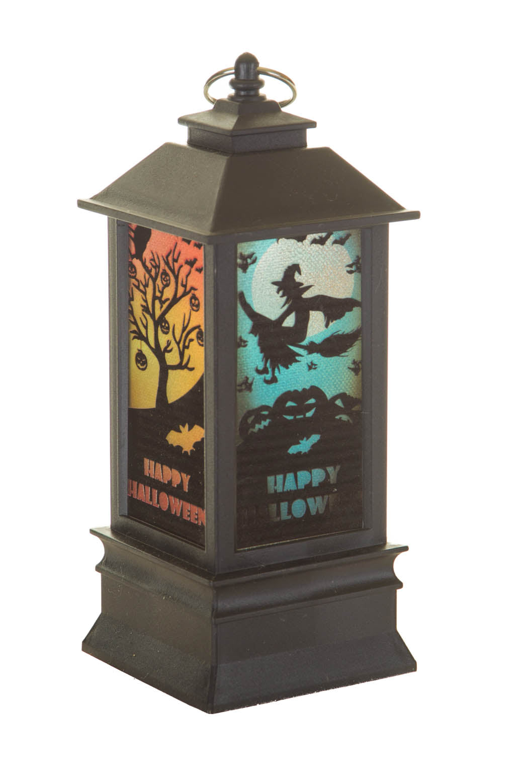 7.5" Hangable Black Plastic Spooky LED Lantern with Blue Witch