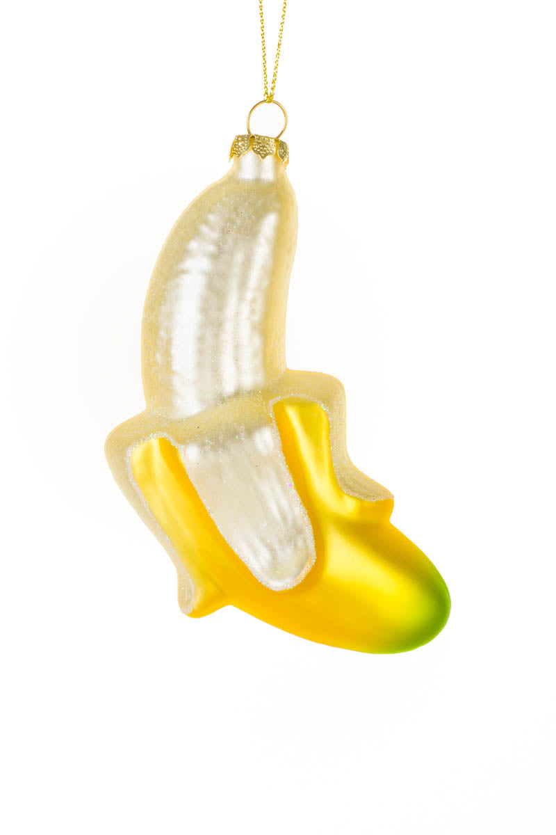 4.88"Hanging Yellow and White Glass Peeled Banana Ornament
