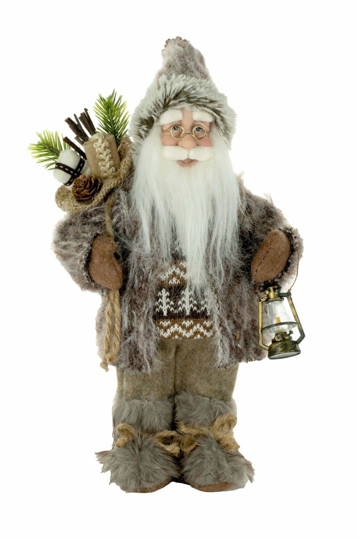 12" Brown Cloth Woodsy Santa Figurine with Lantern
