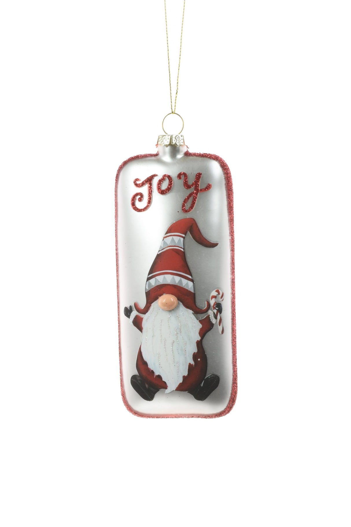 5.5" Hanging Red and Silver Glass Holiday Gnome Sign Ornament with "Joy"