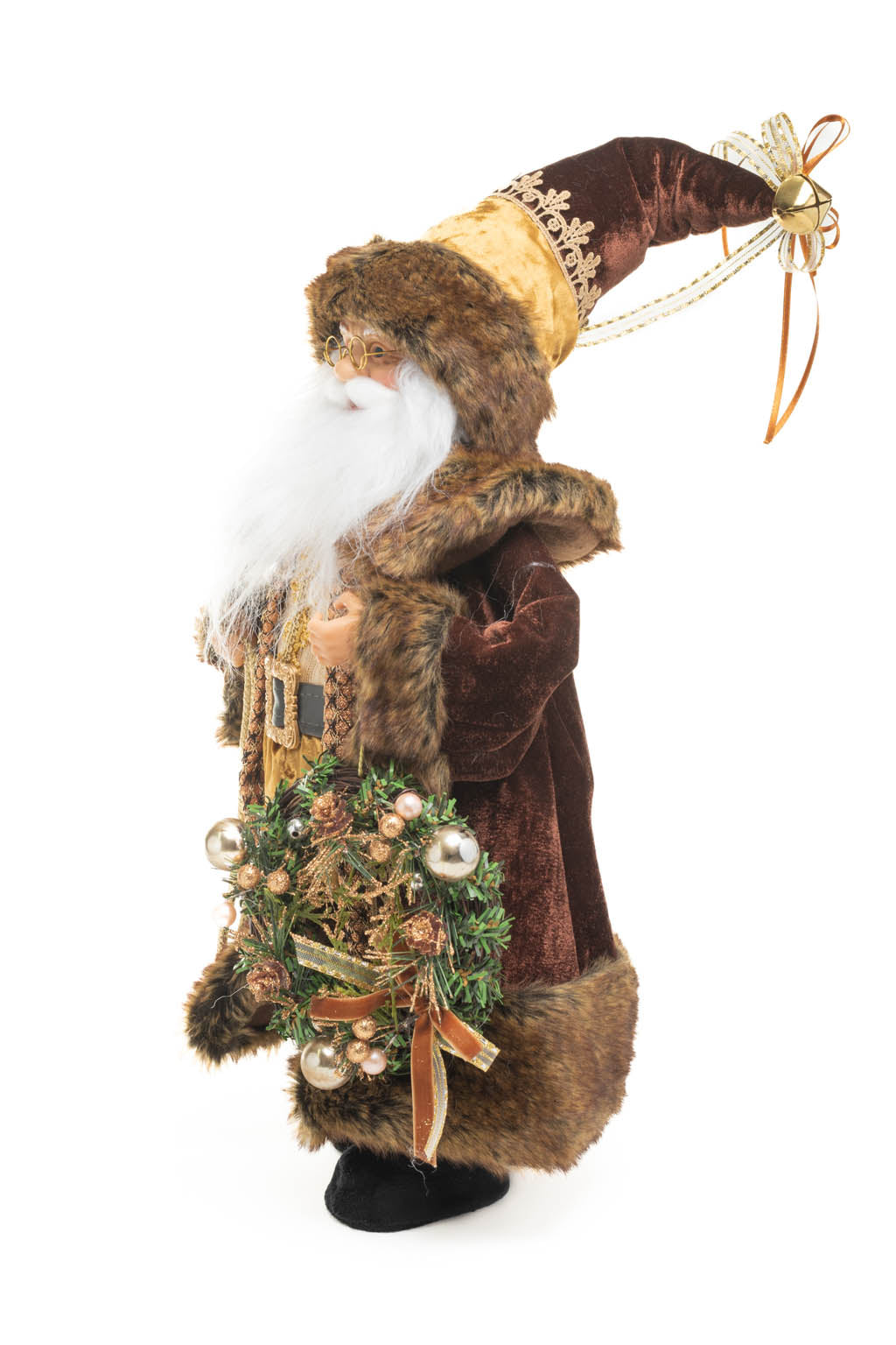 19" Brown and Gold Cloth Russian Santa Figurine Holding Gift Bag