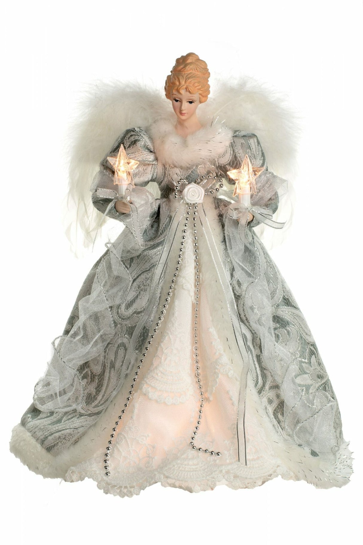 14" Silver and White Cloth Vintage 10-Light Angel Tree Topper with White Fluffy Wings