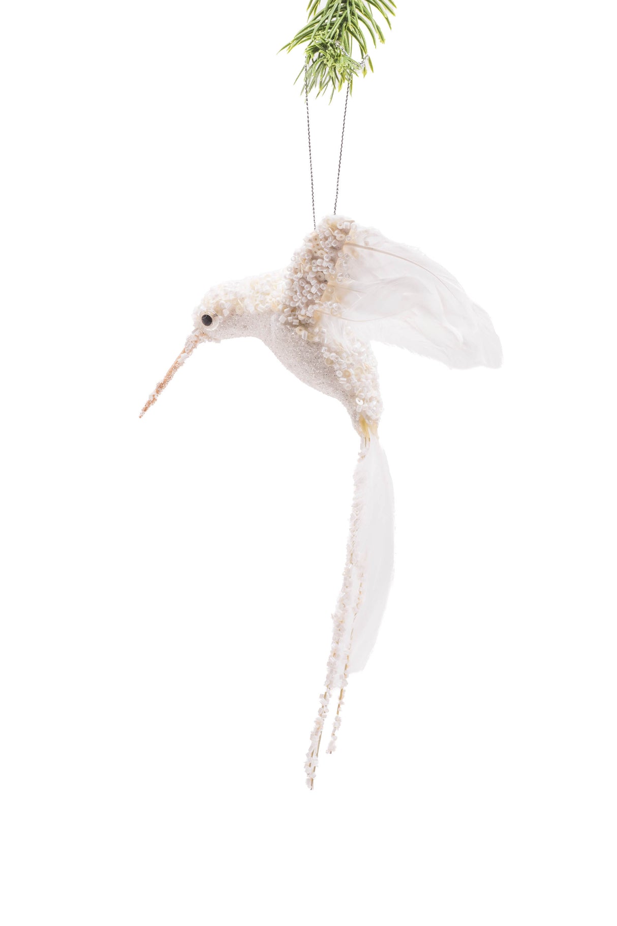 10.5"Hanging White Feathered Hummingbird Ornament with Long Tail