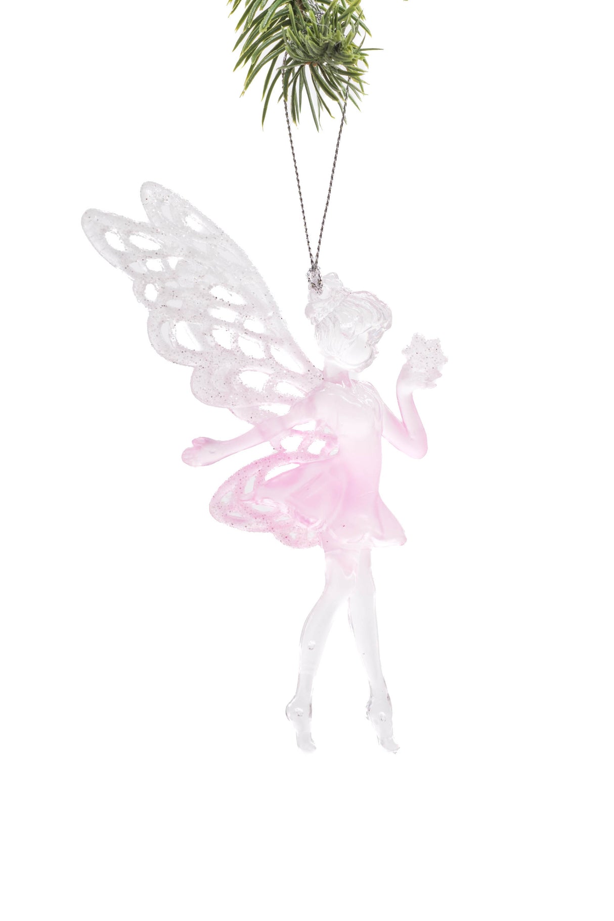 4.5" Hanging Clear and Pink Plastic Fairy Ornament with Glittering Wings