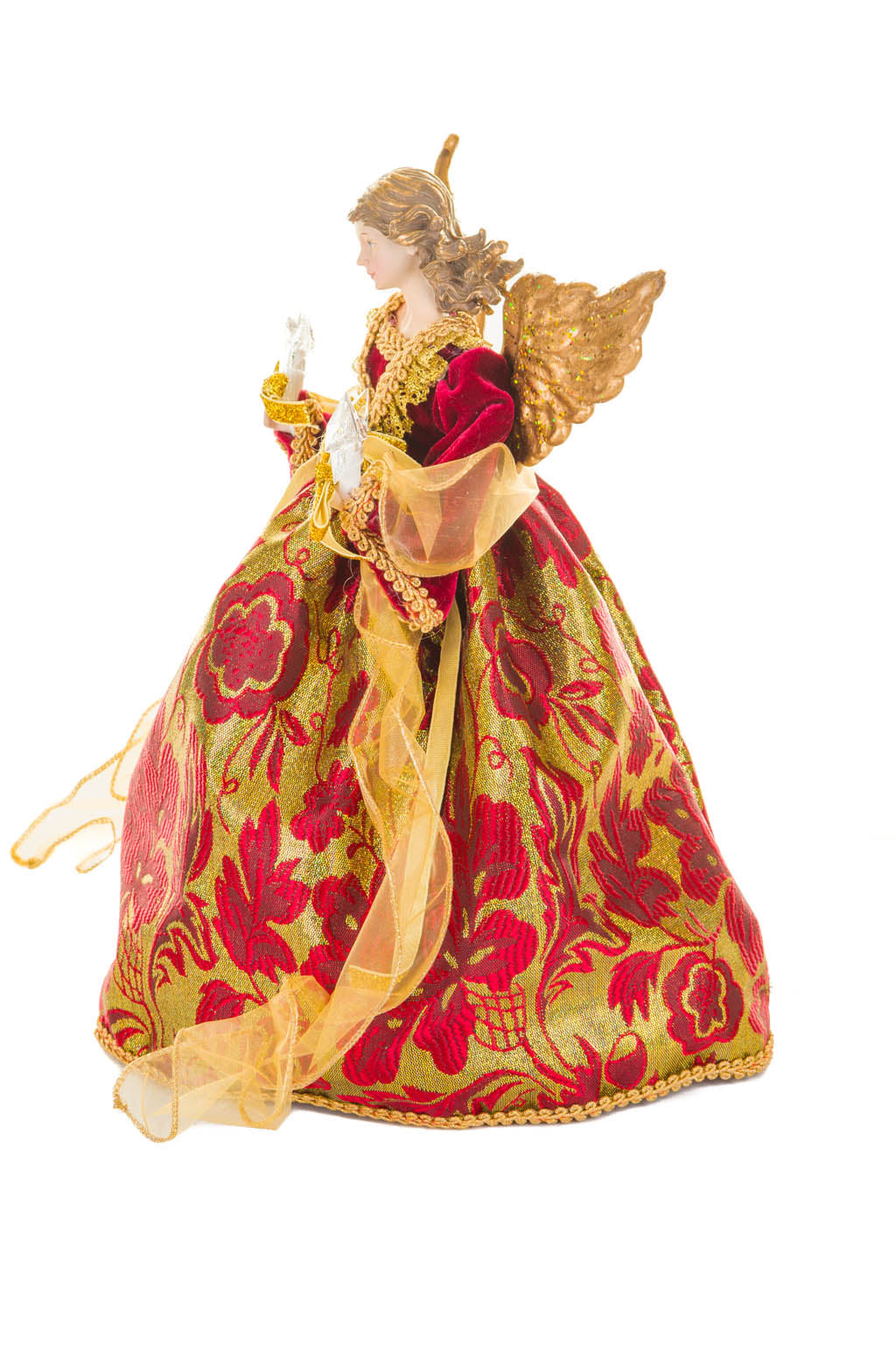 15" Sequin Red and Gold Polyester Luxurious Warm White LED Angel Tree Topper with Golden Accents