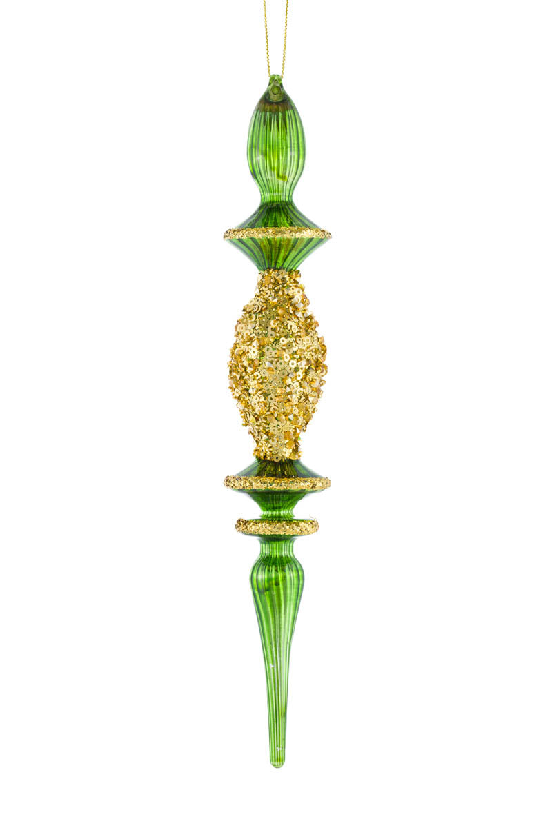 10.5"Hanging Green and Gold Glass Finial Icicle Ornament