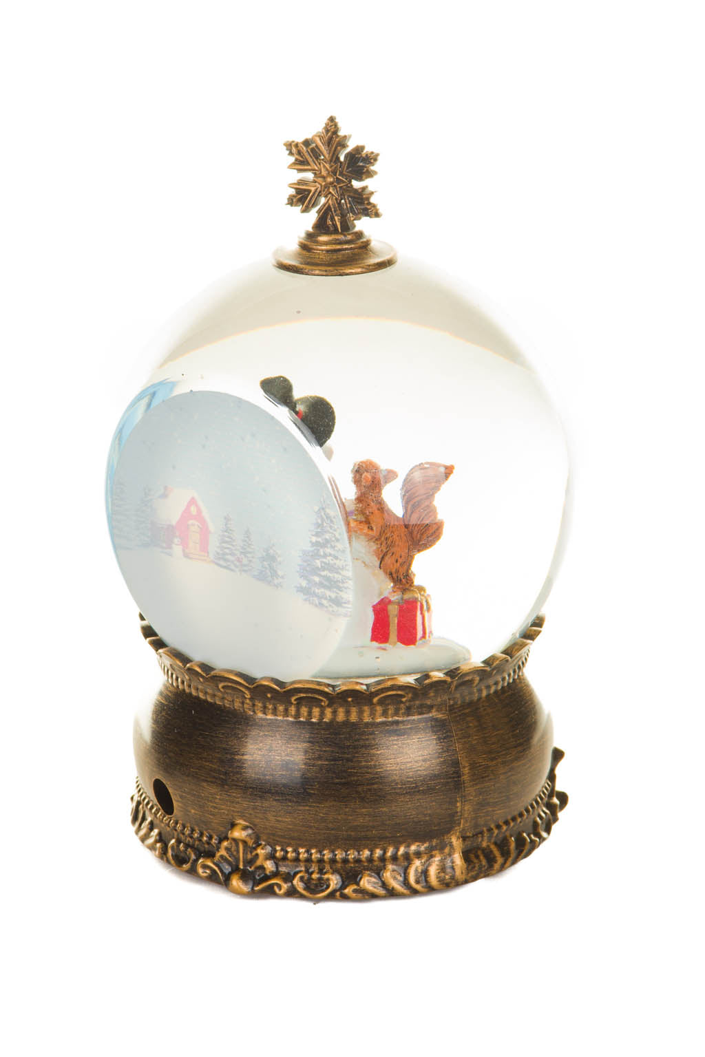 8" Brass Plastic Bauble Warm White LED Snow Globe with Snowman and Swirling Glitter