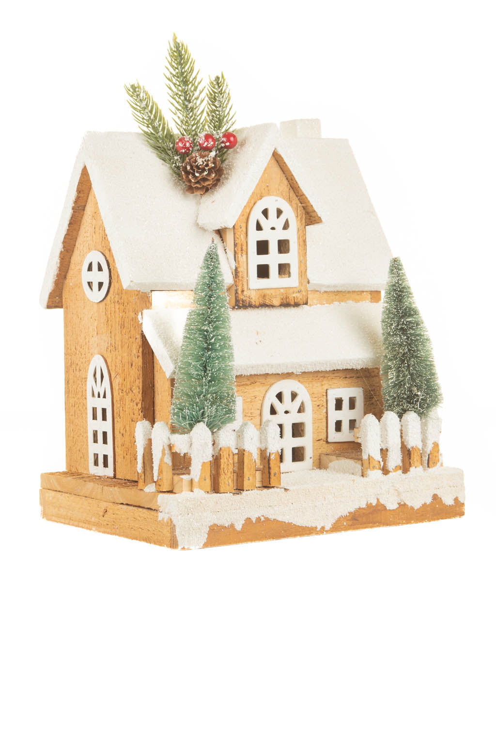 12" White and Light Brown Wood Snowy Cabin Warm White LED Display