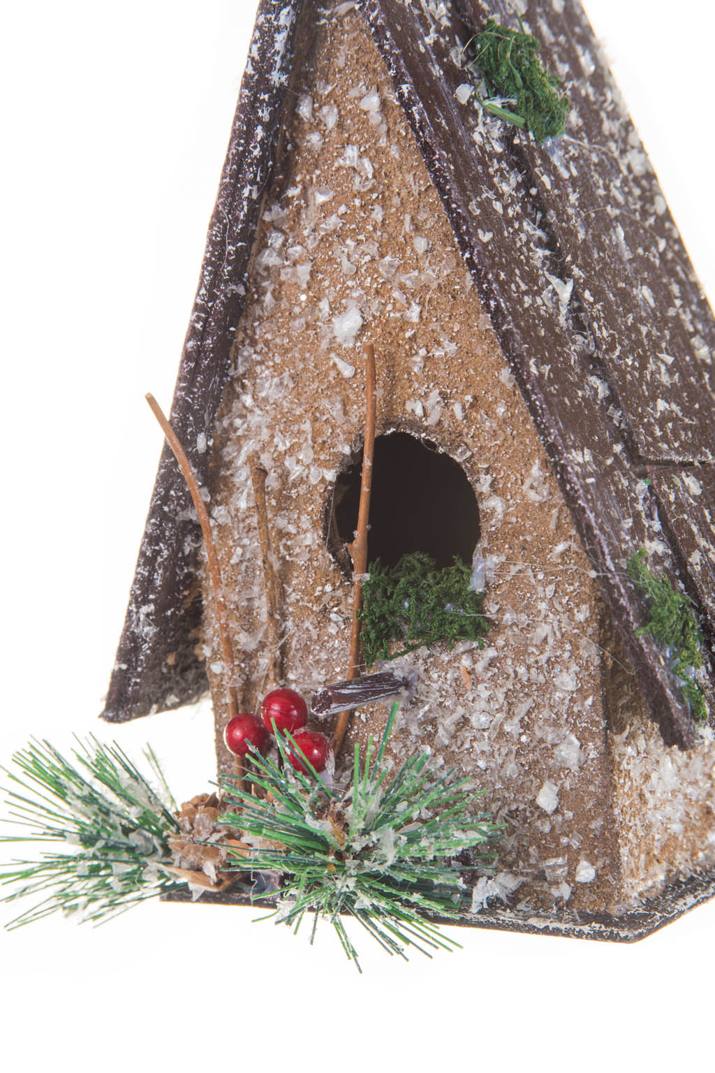 7" Hangable Umber Wood Mossy Birdhouse Christmas Cabin