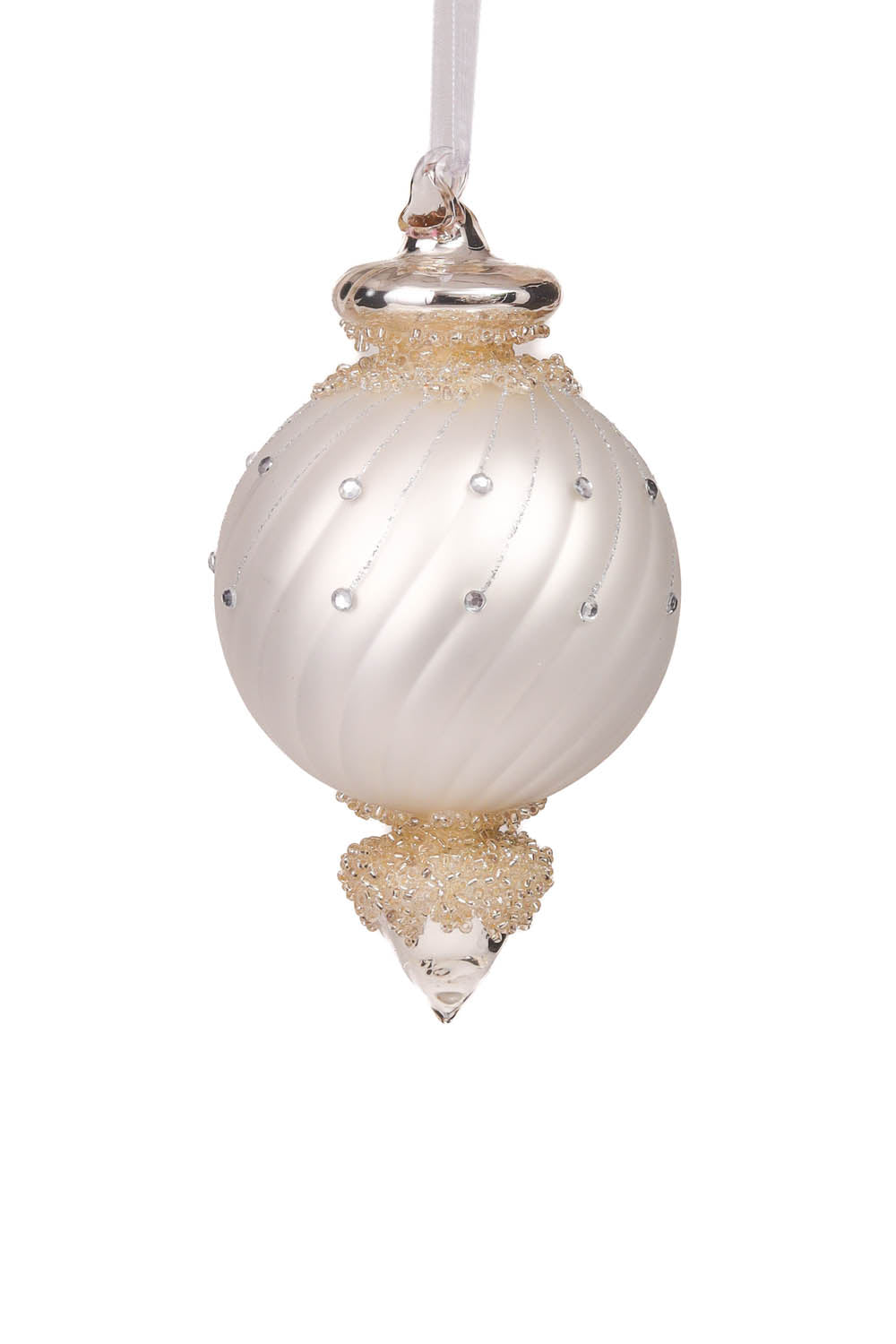 6" Hanging Matte White and Silver Porcelain Finial Teardrop Ornament