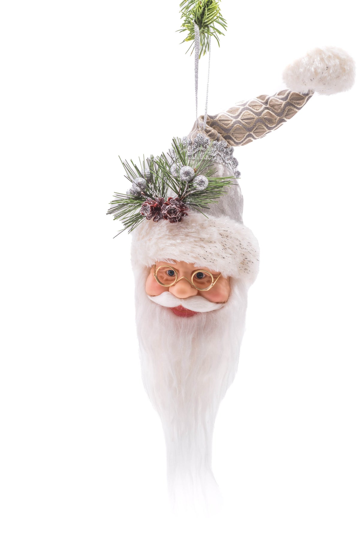 9" Hanging Brown Cloth Santa Head Ornament