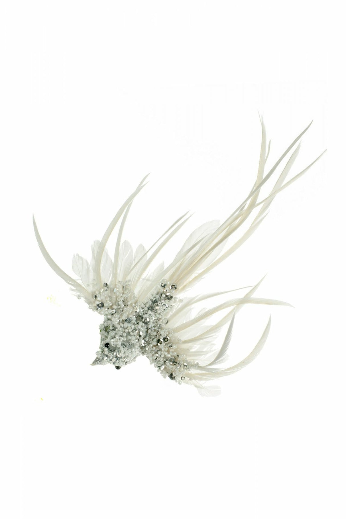 9" Clip-On Silver and White Acrylic Bird Ornament with Feather Tail