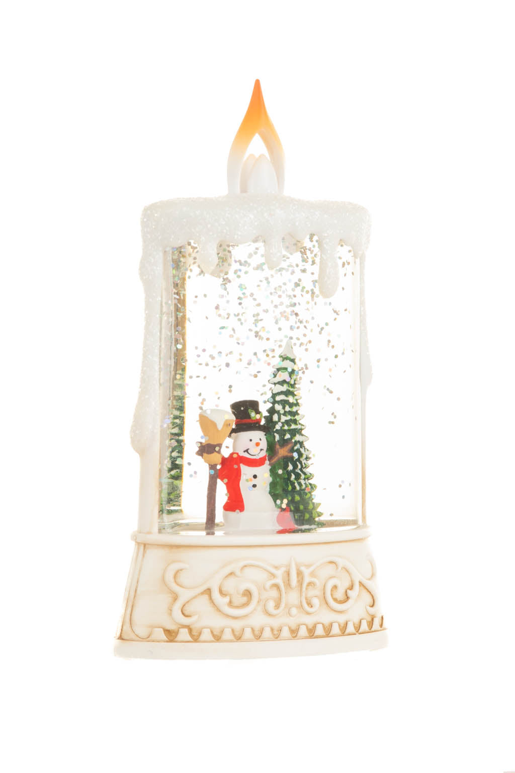 14.5" Beige and White Plastic Candle Warm White LED Snow Globe with Snowman