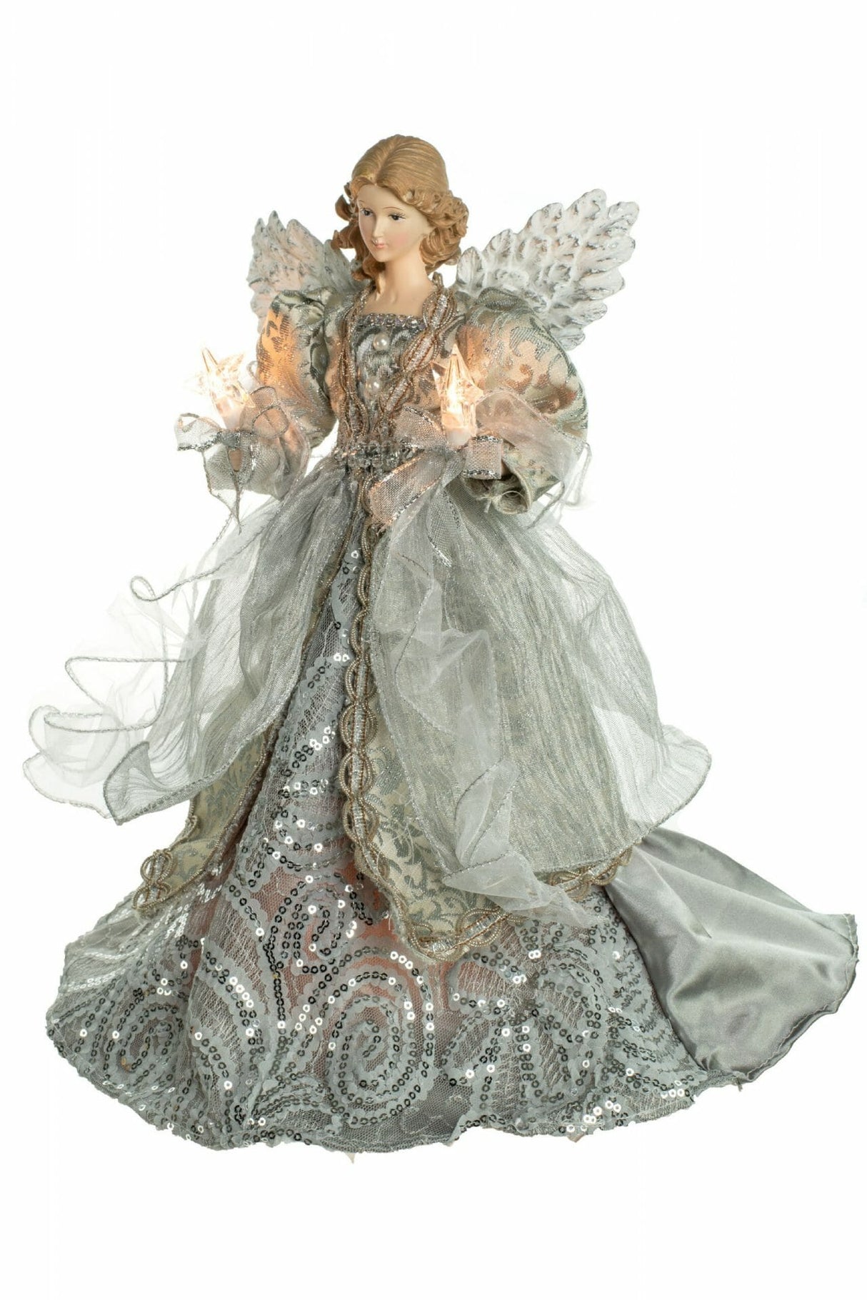 14" Silver Cloth Contemporary 10-Light Angel Tree Topper with Wings