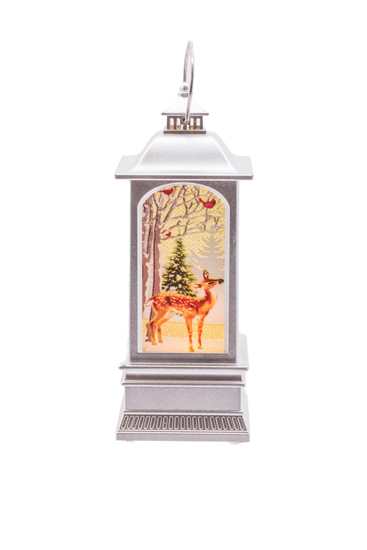 5.25" Small Silver Plastic Christmas Lantern LED Decoration with Reindeer