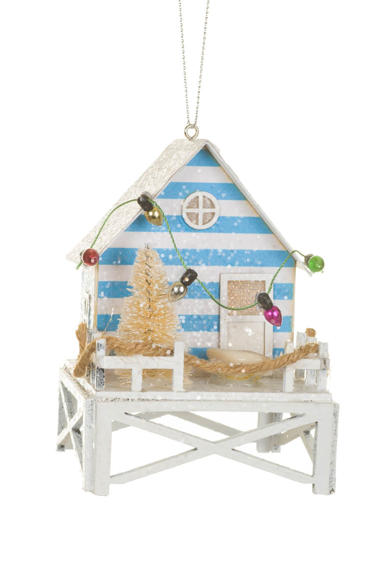 4" Sparkly White and Blue Card Beach House Warm White LED Ornament