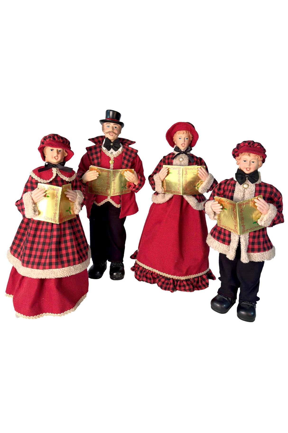 27.5" Set of 4 Buffalo Plaid Red Cloth Folksy Caroler Family with Golden Songbooks