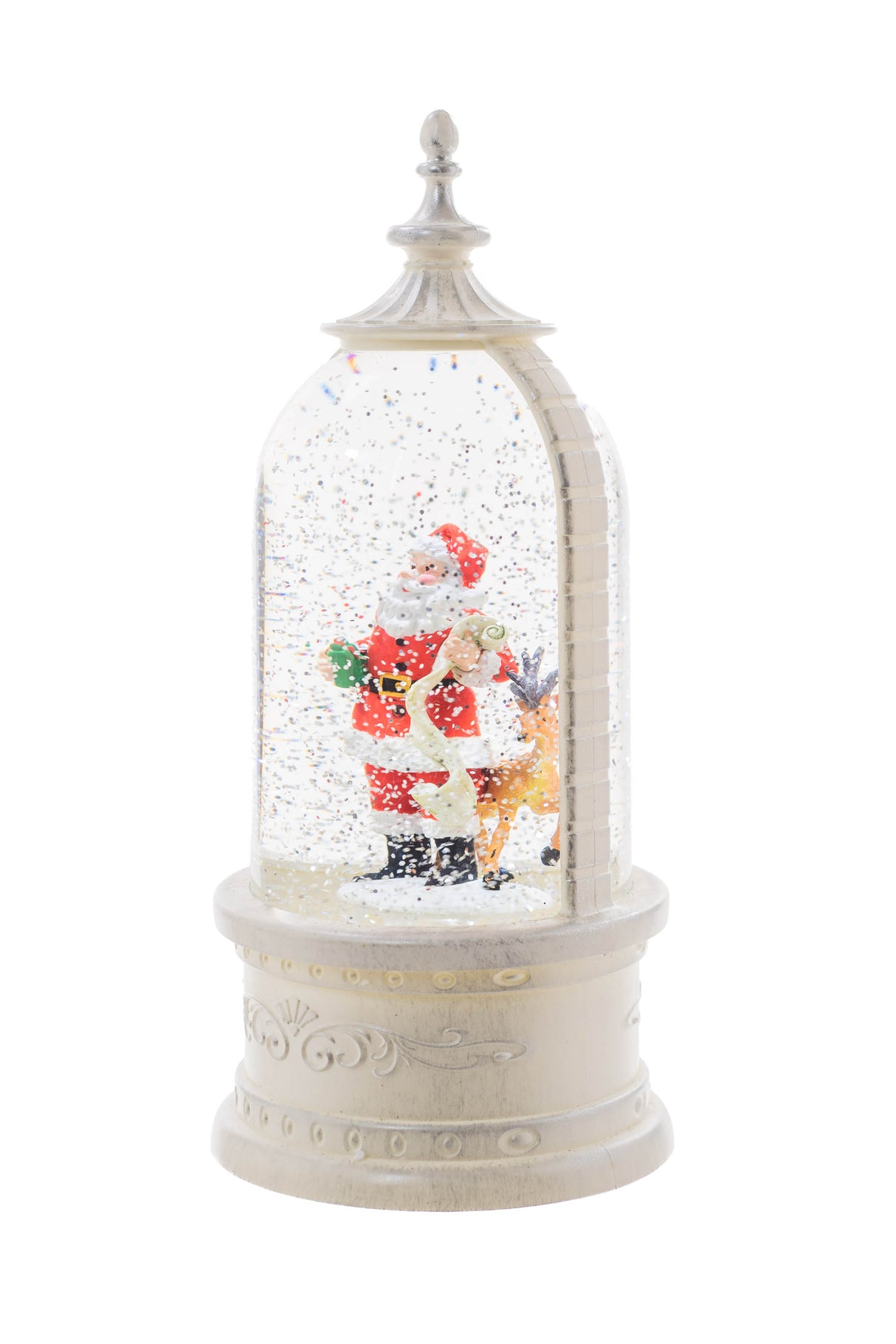 11" White Plastic Lantern LED Snow Globe with Santa and His Friends