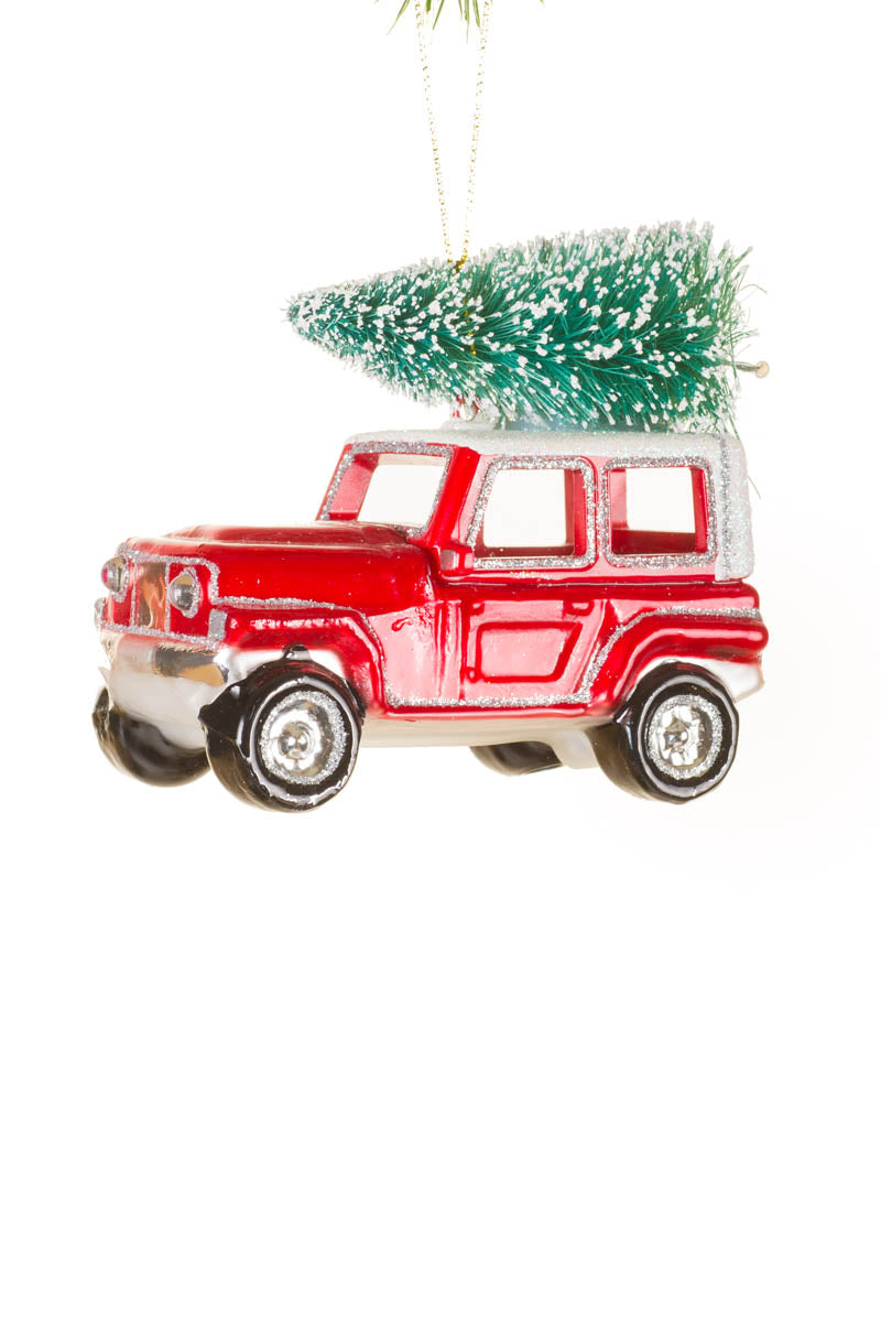 4.25"Hangable Red Glass Jeep Ornament Hauling Tree