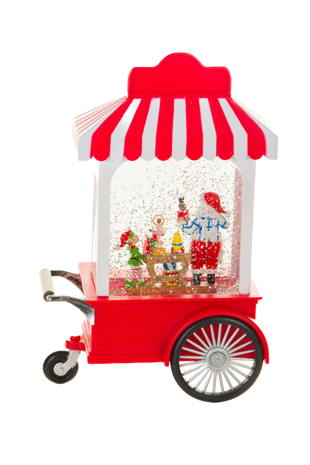 27" Candycane Red and White Plastic Santa's Workshop Cart Warm White LED Snow Globe with Toymakers