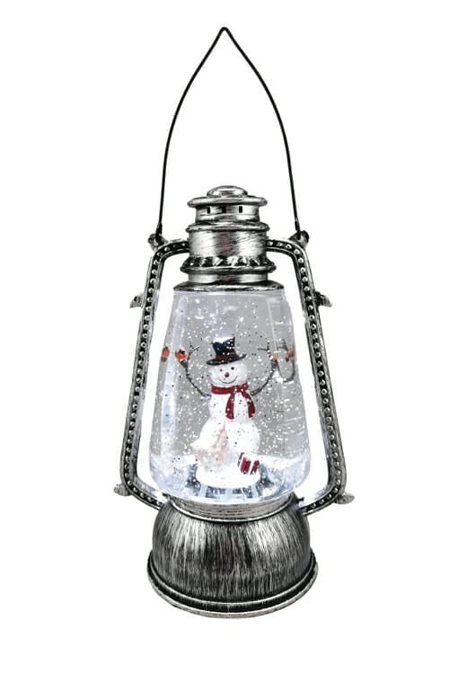 12.75" White Plastic Lantern Warm White LED Snow Globe with Snowman & Santa