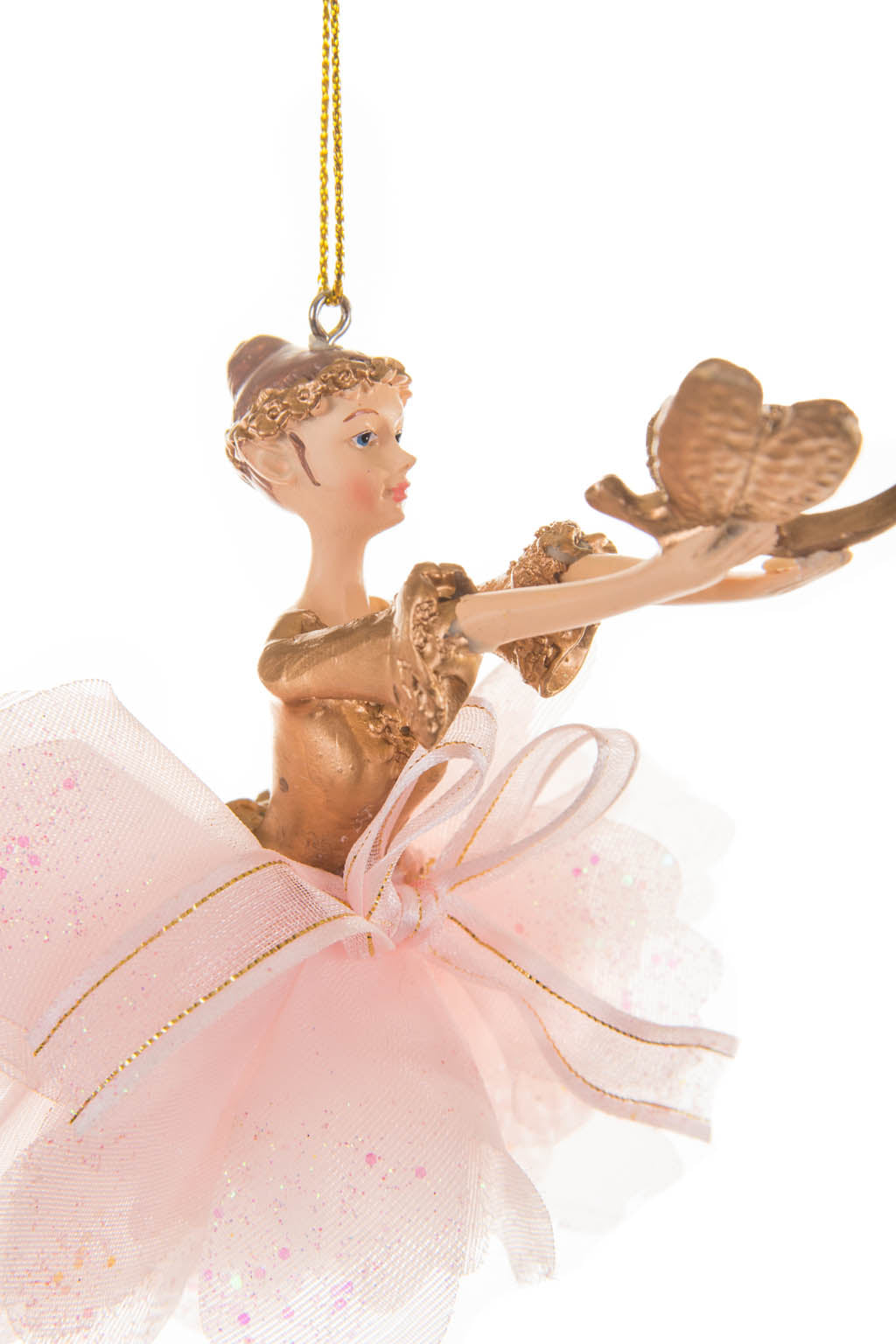 6.5" Hanging Pink and Gold Cloth Fairy Ballerina Ornament with Dragonfly