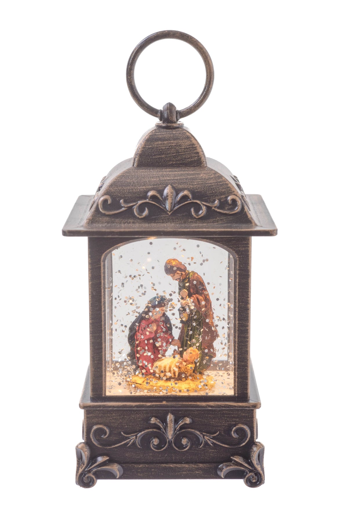 5.25" Mini Brown Plastic Square Lantern LED Snow Globe with Nativity Figurine