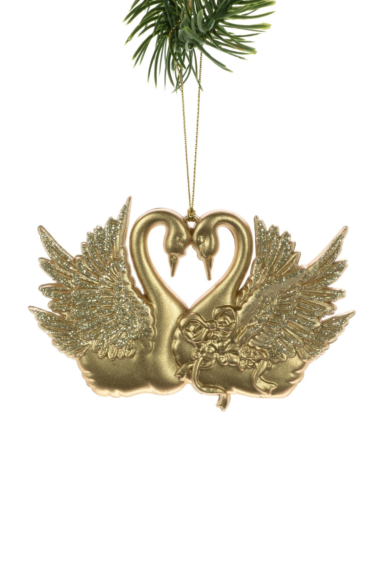 5" Hanging Gold Swans Ornament with Glittered Wings